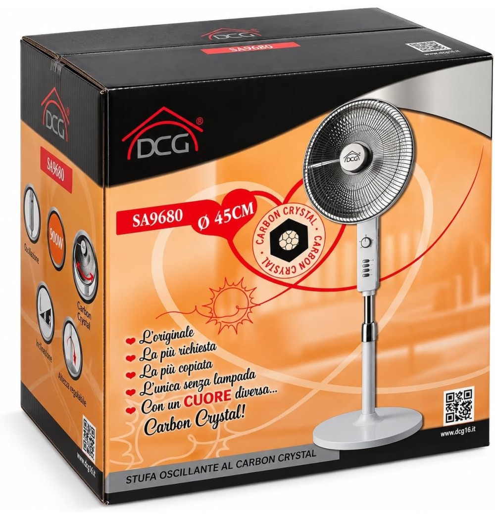 DCG SA9680 Stufa Elettrica Oscillante 900W Carbon Crystal a Piantana 124cm Basso Consumo Nuovo Design Silver-Cromato