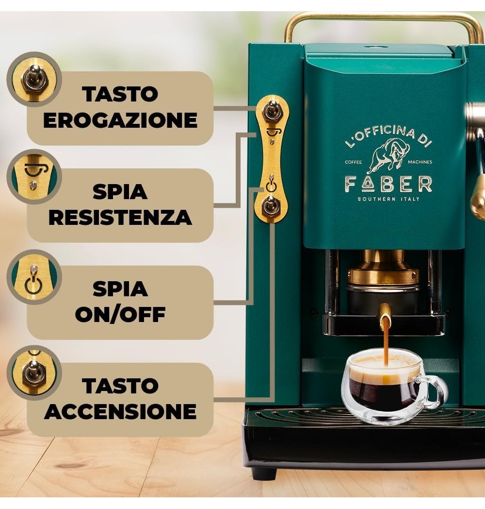 Faber Macchina Caffè a Cialde Espresso Capacità 1,3 Litri Potenza 500W colore BRITISH GREEN Pro Deluxe